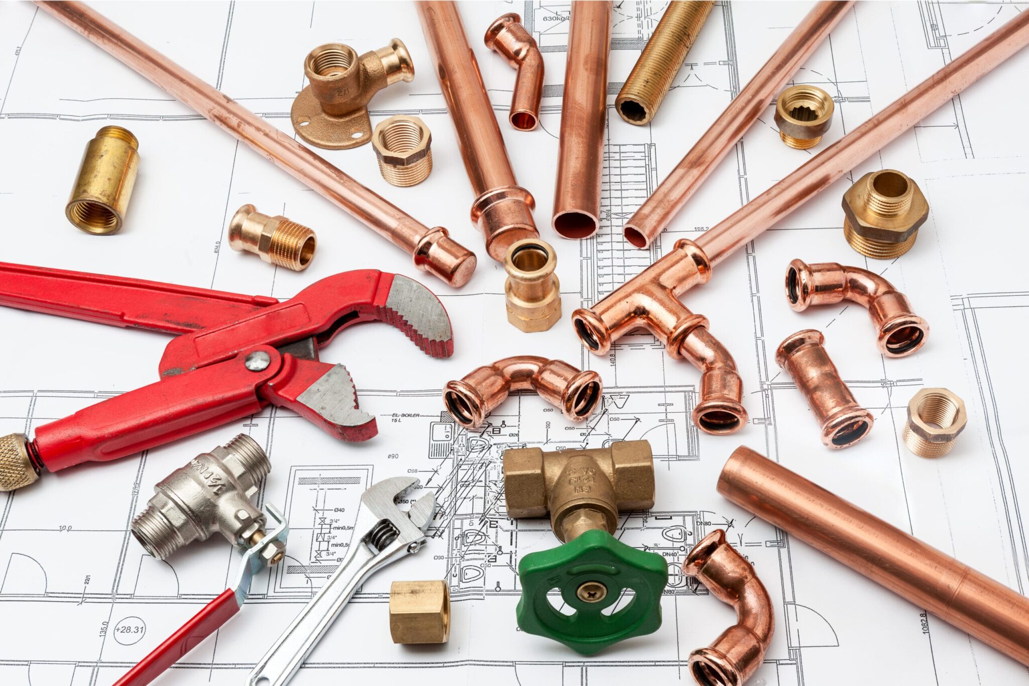 Copper pipes, fittings, valves, and plumbing tools in Zephyrhills