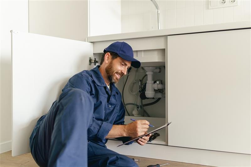 Residential plumber reviewing plumbing repairs in a Zephyrhills kitchen